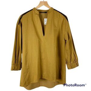 ZARA Basic Long Sleeve V-neck Hi-Low Relaxed Tunic Top Blouse Mustard NWT